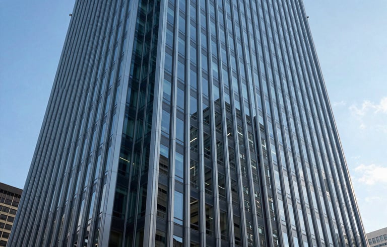 The exterior architectural detail of a modern steel and glass skyscraper in a major US financial center, reflecting the clear blue sky, emphasizing stability, height, and forward-thinking engineering in a professional atmosphere.