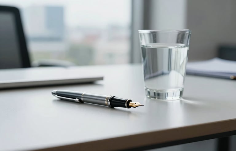 A close-up of a high-end, minimalist desk setup in a North American corporate office, featuring a sleek fountain pen and a glass of water, with soft natural light coming from a window overlooking a blurred cityscape, conveying a sense of quiet professionalism and deep focus.