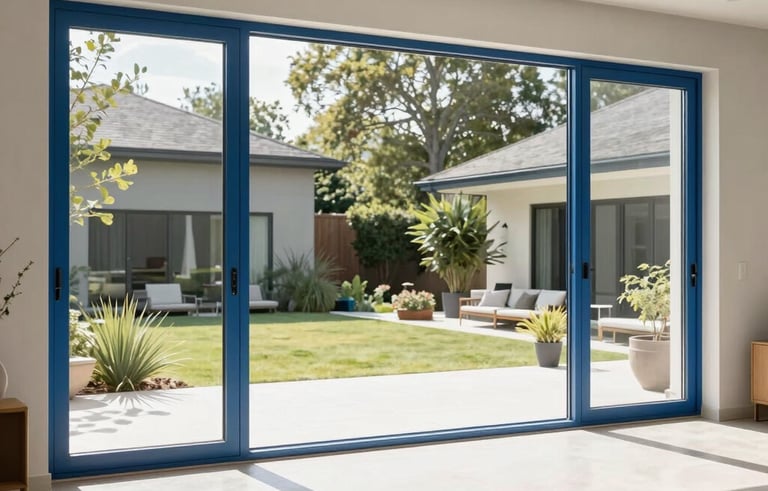 Wide-angle photography of large, floor-to-ceiling sliding glass patio doors in a bright North American living room. The frames are slim steel blue aluminum. Sunlight streams through the glass, showcasing a seamless transition to a sophisticated backyard terrace. Minimalist and airy aesthetic.
