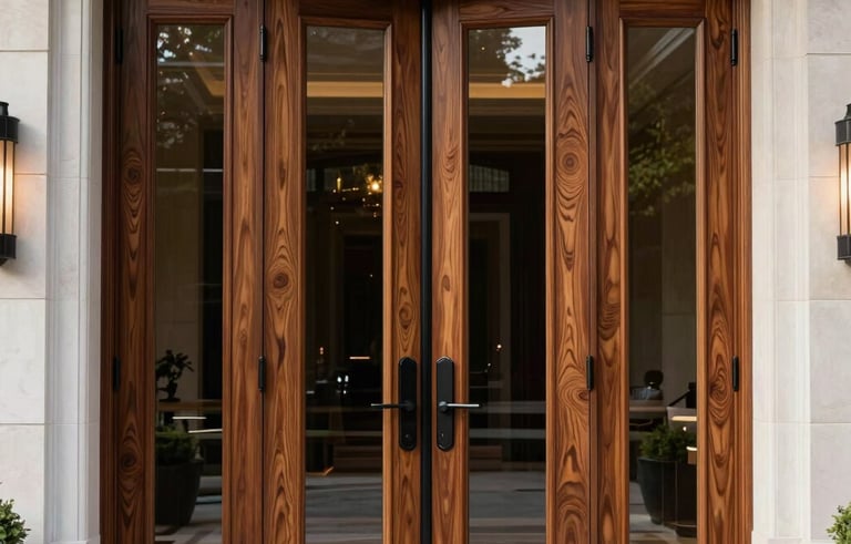 A high-end architectural photograph of an oversized wood and glass pivot door at the entrance of a luxury North American estate. The wood grain is rich and sophisticated, set against off-white stone walls. The lighting is dramatic and elegant, emphasizing the massive scale.
