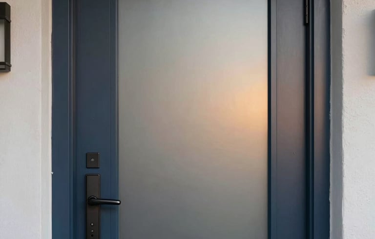 A close-up photograph of a modern steel entry door with minimalist frosted glass panels, set in the entryway of a contemporary North American home. The lighting is the soft, warm glow of sunset, highlighting the smooth dark blue texture of the door. The composition is clean and architectural.