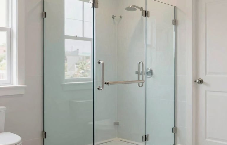 A wide shot of a bright, modern bathroom modification in a North American home. The image features a seamless, curb-less glass shower and brushed metal grab bars. Professional architectural photography, clean lines, soft natural light, palette of slate blue and off-white.