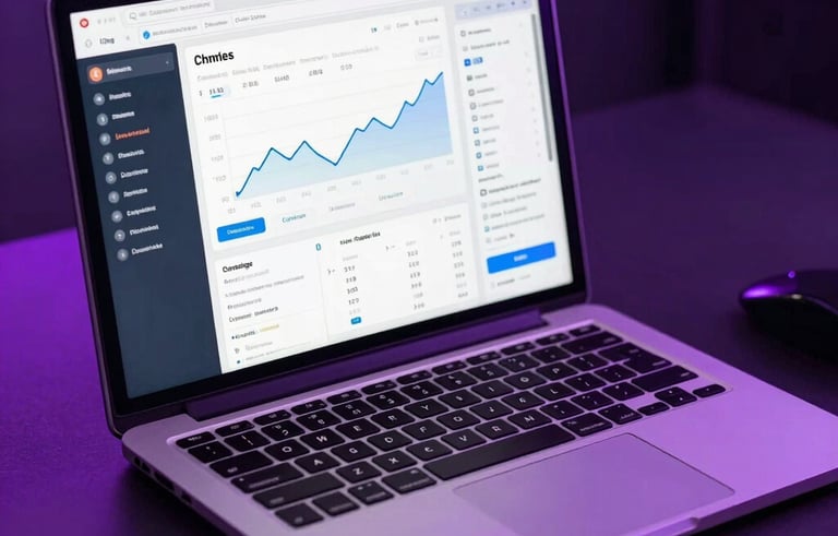 Close up of a luxury workspace in Mumbai, high-end laptop showing an e-commerce dashboard with sales trends, glassmorphism design elements, vibrant purple neon ambient light on dark surfaces.