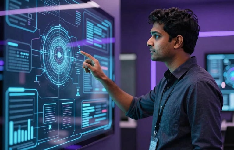 Futuristic AI lab interior in Bangalore, South Asian tech professional gesturing at glowing data visualizations on glass screens, premium deep purple and black aesthetic with neon blue accents.