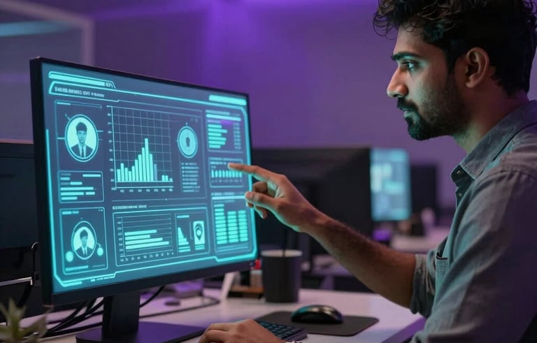 A high-end photography of a modern agency workspace in Mumbai, South Asian professional interacting with a glassmorphism holographic interface showing social media analytics, ambient lighting in deep purple and neon cyan, premium tech atmosphere.