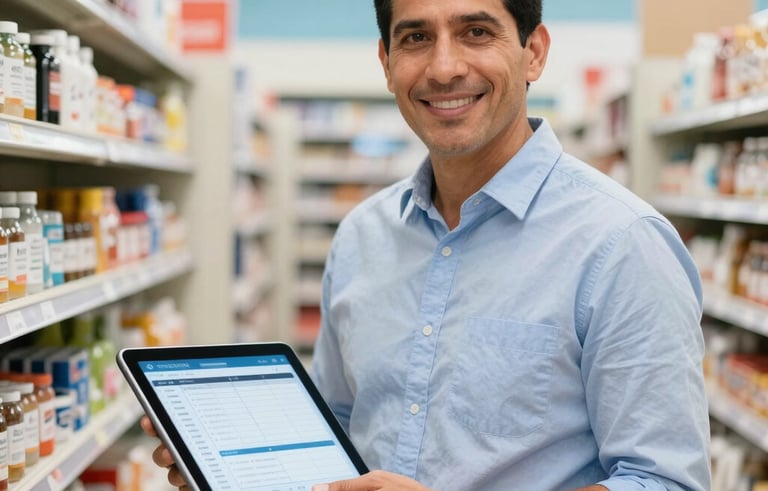 A Latinoamericano / Hispano business owner in a brightly lit modern minimarket, holding a digital tablet with a clean administrative software interface. The background shows organized shelves and off-white and soft blue interior design, creating a confident and professional atmosphere.