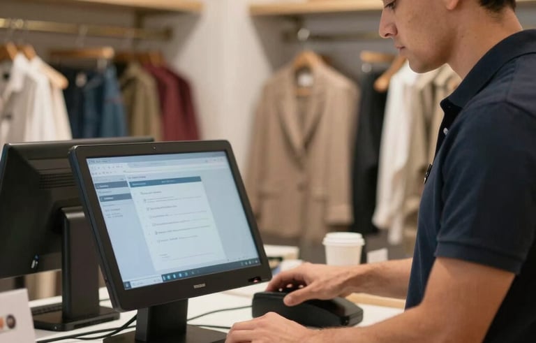 A stylish Latinoamericano / Hispano retail boutique employee processing a sale using a modern point-of-sale system. The environment is elegant and organized, highlighting the precision and ease of the administrative software.