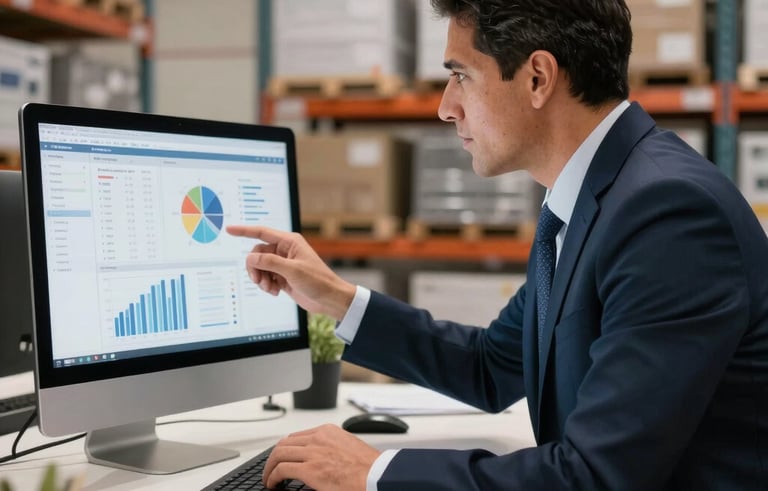 A Latinoamericano / Hispano manager in a professional office setting overlooking a commercial warehouse, analyzing statistical charts and data on a desktop screen. The lighting is crisp and modern, featuring dark blue and off-white tones.