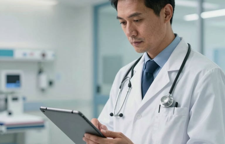A focused North American / US doctor in a modern hospital setting, using a tablet to review patient records. The lighting is clean and bright, with soft white and steel blue tones in the background architecture.