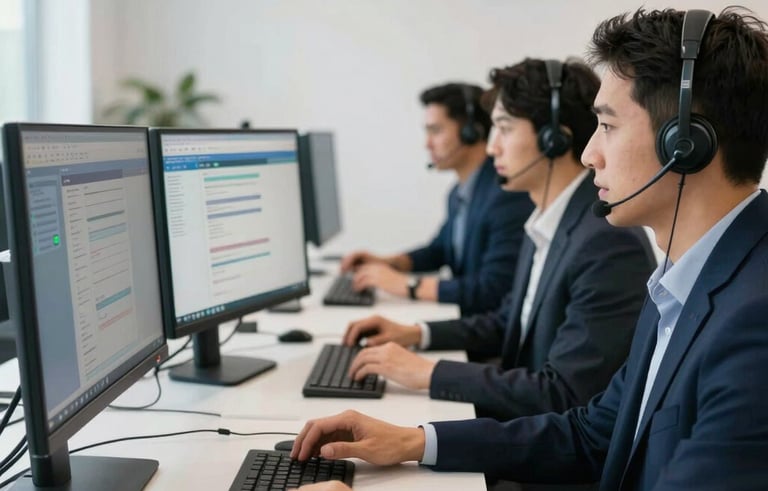 A professional North American / US tech support team collaborating in a bright, modern office. They are looking at large monitors displaying system status updates, with deep navy and soft white interior accents.