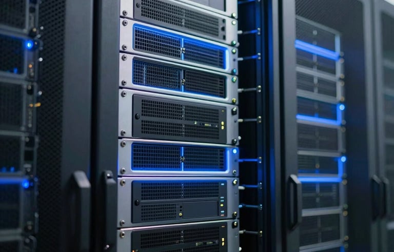 A close-up of a high-tech data server room in a North American / US facility with steel blue LED lighting. The composition is sleek and modern, conveying reliability and advanced technology.