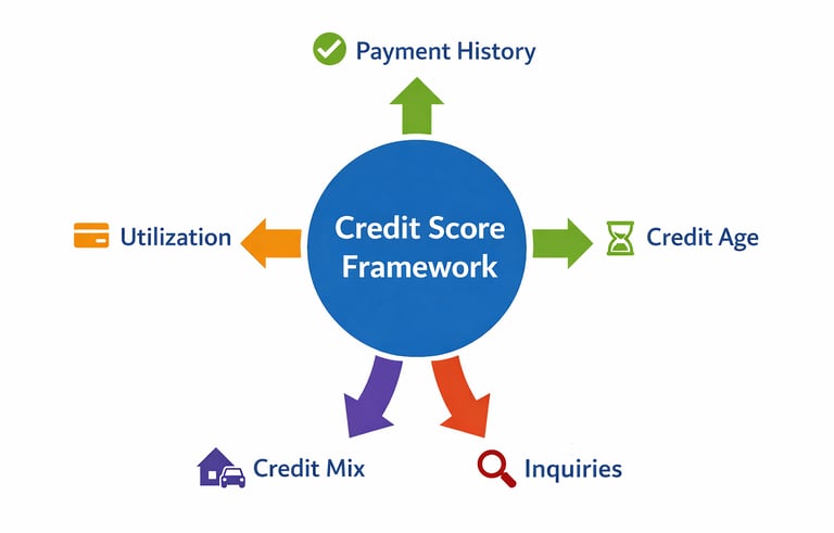 credit score framework diagram showing payment history utilization age of credit mix and inquiries