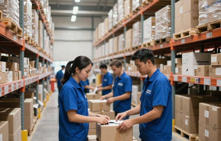 A professional logistics warehouse interior, exceptionally clean and organized with high-bay shelving, bright natural light, staff in royal blue uniforms focused on parcel sorting, international modern setting.