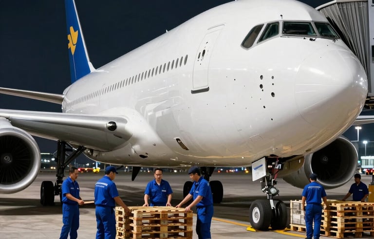 A large cargo plane at a modern international airport terminal at night, ground crew in royal blue uniforms loading pallets under bright white spotlights, professional and efficient atmosphere.