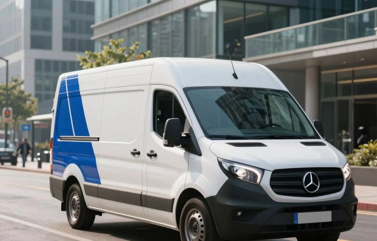 A professional white delivery van with royal blue accents driving through a modern city street with clean glass buildings, bright morning light, representing efficient urban logistics, international setting.