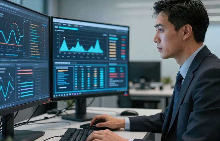 A professional analyst in business attire in a sleek North American office, focusing on high-security data dashboards across multiple monitors with soft blue ambient lighting.