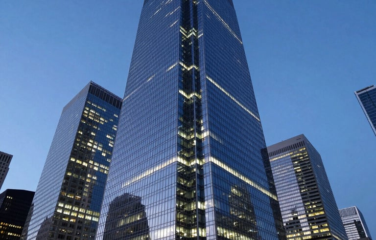 A wide angle photograph of a futuristic glass skyscraper in a major North American financial district at twilight, illuminated with deep blue and bright off-white lights, reflecting global reach and authority.
