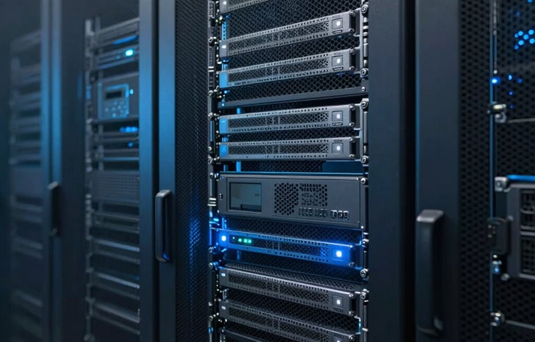 A close-up photograph of high-tech server racks in a secure North American data center, illuminated with cool blue and deep gray lighting, conveying professional digital protection and modern technology.