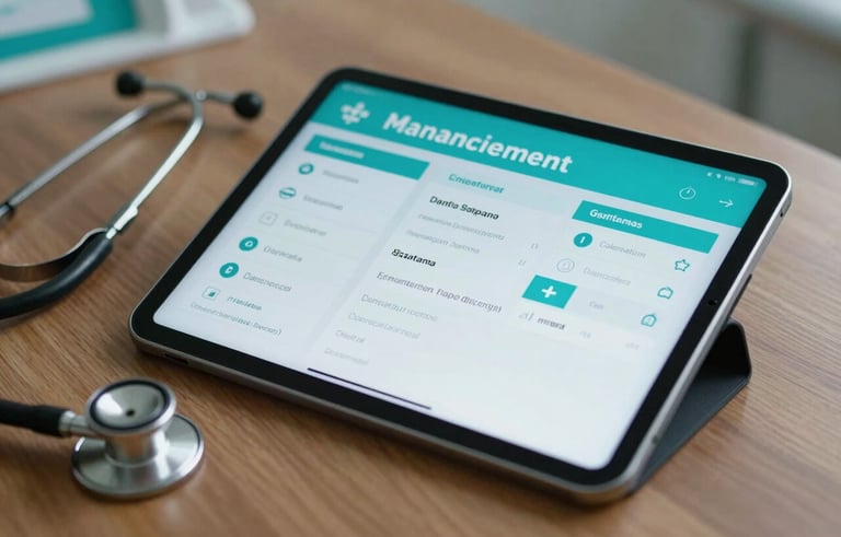 Close-up of a high-tech tablet showing a patient management dashboard on a wooden desk in a South American / Brazilian medical clinic. A stethoscope is partially visible, with professional and trustworthy soft lighting in turquoise and teal tones.