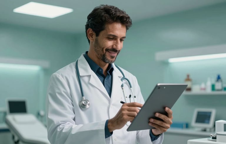 A South American / Brazilian male doctor in a modern white coat, looking satisfied while reviewing a digital health report. The background is a high-end medical facility with empathetic and reliable lighting, utilizing a dark teal and mint color scheme.
