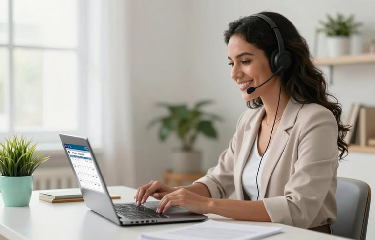A professional female virtual assistant in a bright, modern South American / Brazilian home office, wearing a headset and smiling while looking at a laptop screen displaying a healthcare calendar. Professional lighting, clean desk with a small plant and light mint accents.