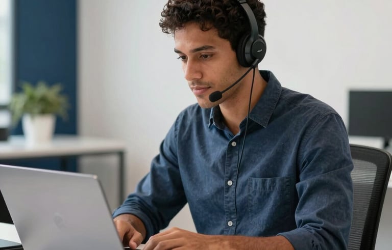 A professional South American person wearing a modern headset, working at a clean white desk with a laptop in a bright, modern office in Brazil. The setting is professional and efficient, featuring soft natural lighting and subtle navy blue and white accents in the decor.