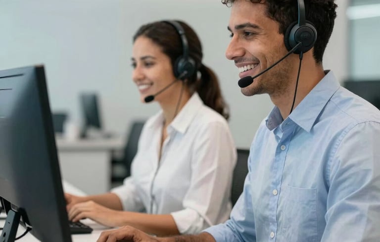 Two smiling South American professionals working in a modern call center in Brazil. They are wearing headsets and looking at computer screens. The environment is clean and brightly lit, with steel blue and pale blue accents.