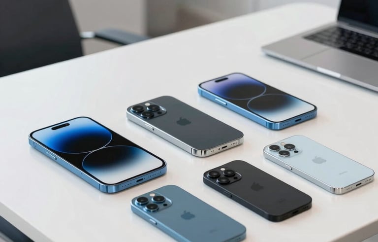 A collection of high-end smartphones and electronic gadgets neatly arranged on a minimalist white table in a bright South American office environment. The style is clean, modern, and professional, using a palette of white and various shades of blue.