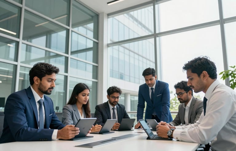 A wide-angle shot of a modern glass-walled corporate office in Bangalore, South Asian / Indian professionals in formal attire collaborating around a conference table with digital tablets. Bright, natural lighting, royal blue and white color palette, professional mood.