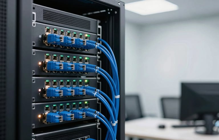 Close-up of a modern data server rack with neatly organized blue ethernet cables and glowing status lights, located in a clean, minimalist Uruguayan corporate office setting, premium professional photography.
