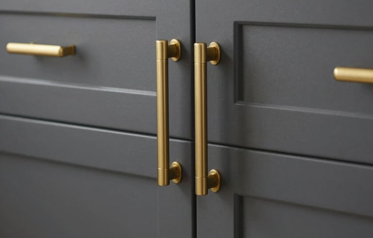 Close-up of elegant charcoal gray custom kitchen cabinets with rich gold handles and soft-close hinges, professional lighting highlighting the texture, North American / US - Los Angeles style.