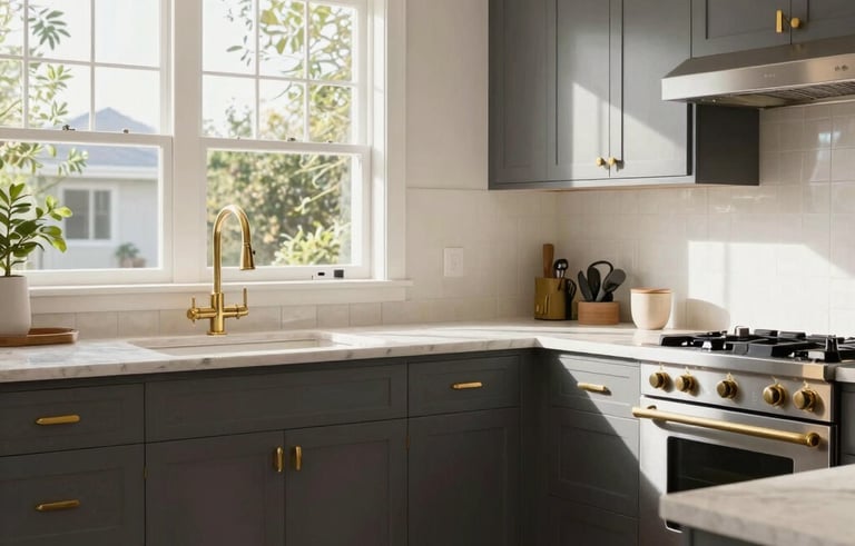 A high-end, bright kitchen transformation in a North American / US - Los Angeles home, featuring warm white walls, charcoal gray cabinetry, and rich gold accents on the hardware and faucets, natural light from large windows, professional photography.