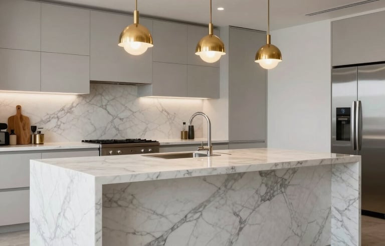 A wide shot of a luxurious kitchen island made of white marble with charcoal gray veining, gold pendant lighting overhead, set in a modern North American / US - Los Angeles penthouse.