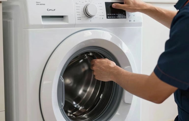 Close-up of a modern front-loading washing machine in a well-lit laundry room. A technician wearing professional dark blue overalls is checking the control panel. Middle Eastern / Gulf residential setting. Sharp focus, professional photography style.
