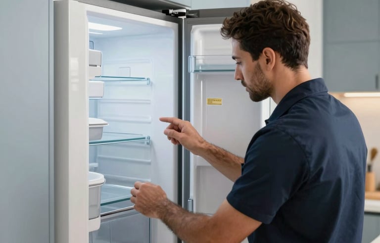 Professional technician in a modern Dubai kitchen, inspecting a premium refrigerator. Bright, clean interior with white and light gray-blue cabinets. High-end appliance focus. Middle Eastern / Gulf home setting. Soft, natural daylight. Professional and expert atmosphere.