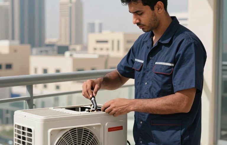 Technician in a professional uniform working on a split air conditioning unit on a balcony in Dubai Silicon Oasis. Blurred urban background under a clear sky. Palette of navy blue and white. Middle Eastern / Gulf professional setting.