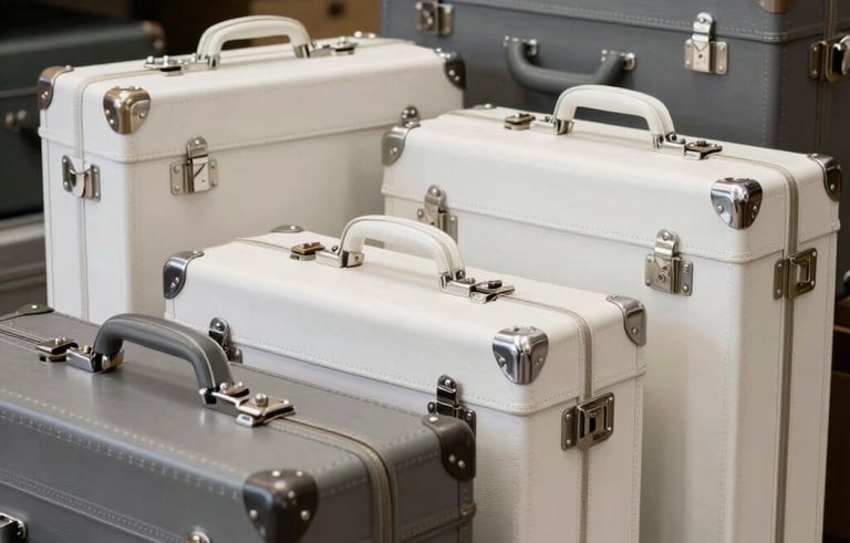 A collection of luxury leather suitcases and travel trunks in a sophisticated European workshop. The lighting is diffused, emphasizing the slate grey and pearl white tones of the setting. The composition is elegant and focused on the durability and premium finish of the items, reflecting professional expertise.