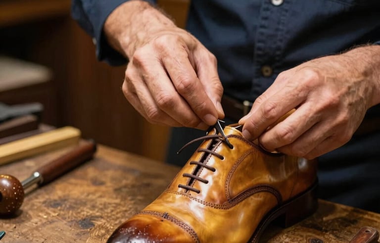 Close-up of an expert cobbler in a Portuguese atelier, carefully hand-polishing a pair of classic leather oxford shoes. The scene is lit with warm, soft light, highlighting the textures of high-quality leather and traditional tools. The color palette features antique gold and deep navy tones, projecting craftsmanship and timeless quality.