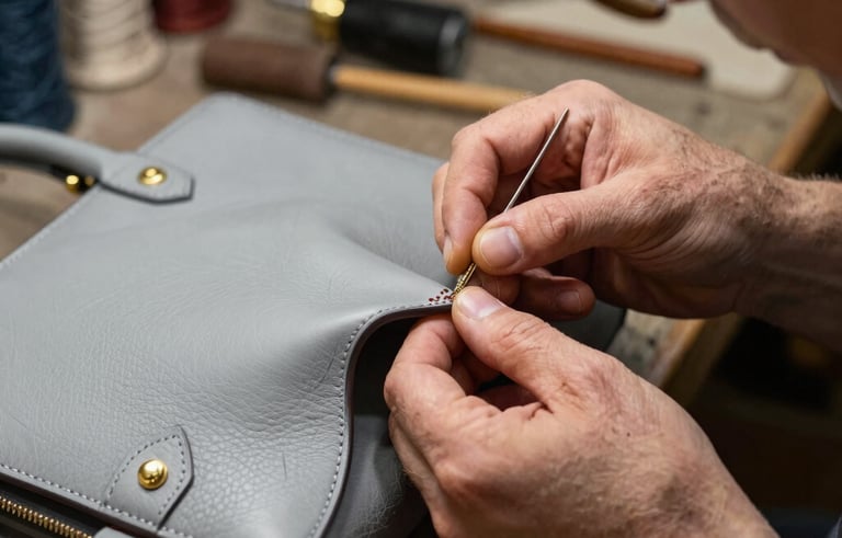 Detail of a master artisan's hands performing delicate stitching on a designer leather handbag. The workshop setting is professional and timeless, featuring a palette of soft grey and antique gold. High-end photography style focusing on the precision of the restoration process in a Portuguese atelier.