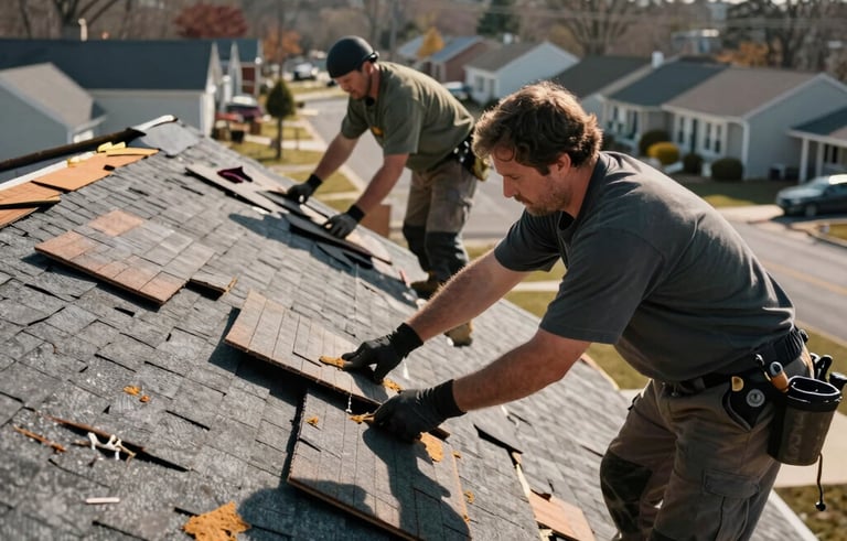 A high-action photograph showing a skilled roofing crew in professional work attire removing old shingles and installing new underlayment on a steep-pitched roof in North American / US / New Jersey. The background shows a quiet residential neighborhood under a bright morning sun.