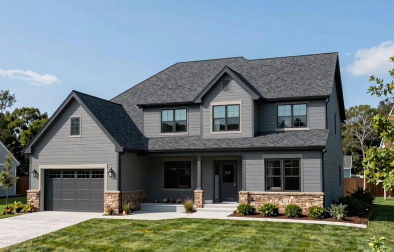 A wide-angle professional photograph of a newly installed, dark gray shingle roof on a beautiful modern two-story suburban house in North American / US / New Jersey. The lawn is perfectly manicured, and the sky is clear blue, emphasizing the clean lines and curb appeal of the home.