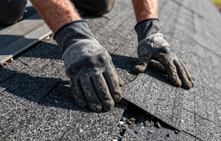 A close-up photograph of a professional roofer's gloved hands precisely replacing damaged asphalt shingles on a residential roof in North American / US / New Jersey. The scene is illuminated by bright afternoon sunlight, highlighting the texture of the high-quality dark gray shingles and the craftsman's attention to detail.
