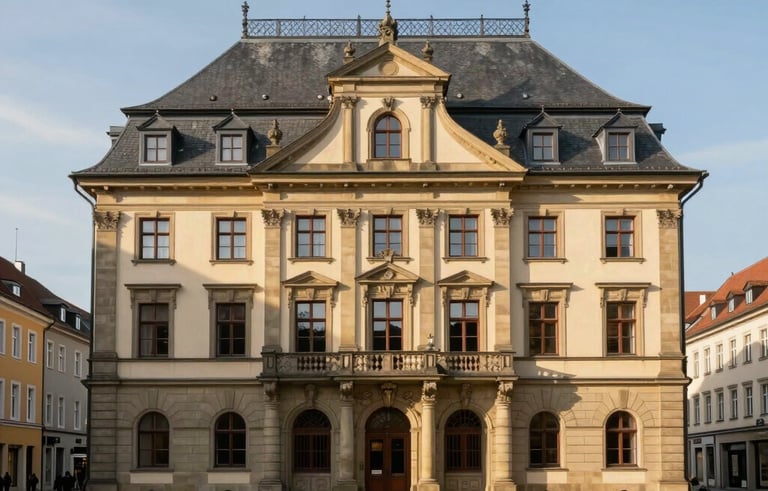 An elegant historical town hall in a classic German city square. Warm sunlight illuminates the stone facade. A clean, professional environment reflecting public stability. Central European / German architecture with slate grey and parchment tones.