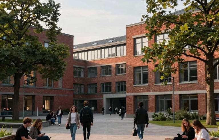 A wide shot of a modern German university campus courtyard with historical brick architecture in the background. Students are walking and sitting on benches under large trees. Soft morning light, professional photography style, Central European / German setting. Accents of crimson and forest green in the environment.
