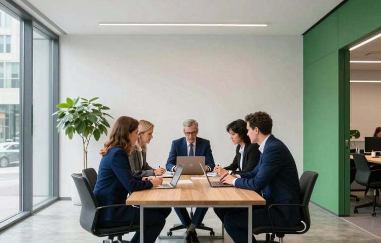 A bright, minimalist office space in a modern German business district. Professionals in Central European attire are collaborating around a large wooden table. High ceilings and professional lighting. Colors focus on deep blue and forest green accents.