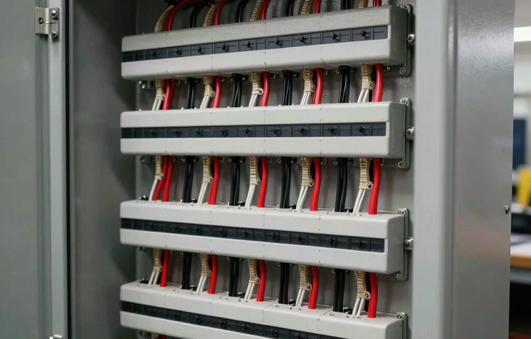 A complex, custom-built electrical control panel with neatly arranged wires in red, black, and white, mounted inside a gray steel enclosure. Professional North American workshop setting, sharp focus, industrial strength lighting.