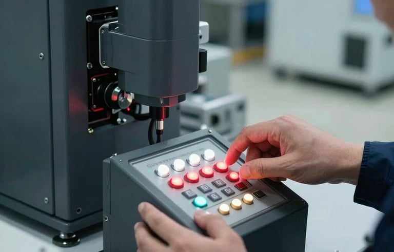 Close-up of industrial automation equipment in a North American factory. A technician's hand is adjusting a control interface with glowing red and white indicator lights. The background shows dark gray machinery and a clean, organized workspace.