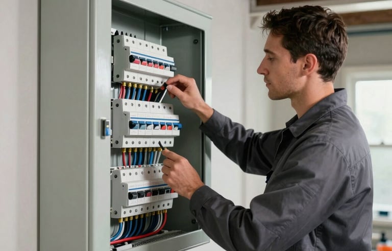 A professional North American electrician in a dark gray uniform inspecting a modern electrical circuit breaker panel in a well-lit residential basement. The lighting is crisp and clear, highlighting the clean wiring and high-quality tools. Cinematic photography, wide shot.