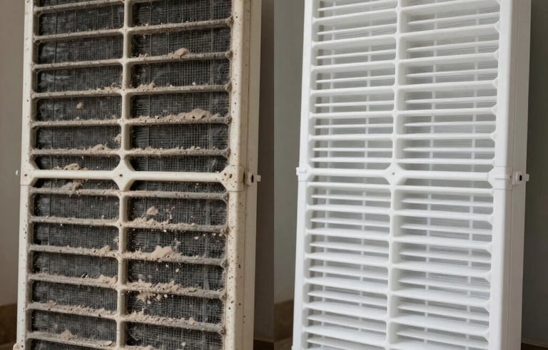 A side-by-side comparison photo: the left side shows a very dirty, grey air conditioning filter clogged with dust; the right side shows a sparkling clean, bright white sanitized filter. Professional lighting, South American setting.