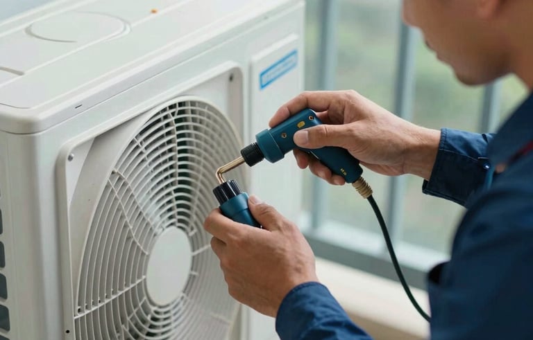 Close-up of a Brazilian technician's hands using professional tools to inspect an outdoor air conditioning condenser unit on a sunny balcony, focus on reliability, palette of light blue and navy blue tones.